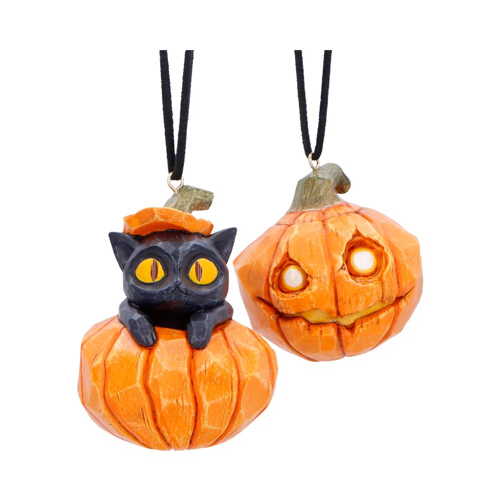 Set of two Pumpkin and Patch Halloween hanging ornaments by Nemesis Now, featuring festive Halloween designs, 7.7cm.